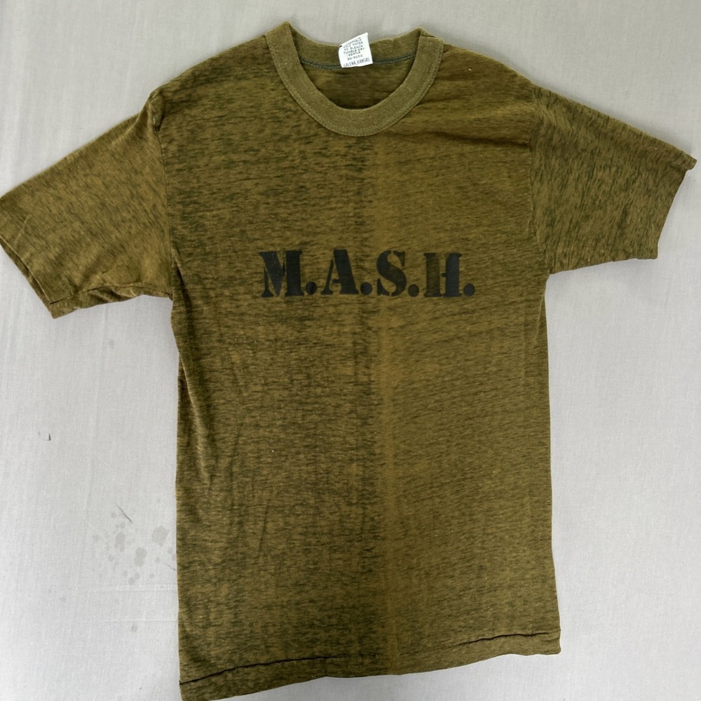 VTG 80s MASH TV Show T Shirt Vogel Mills Single Stitch Army Green Large Thin